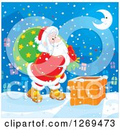 Poster, Art Print Of Santa Claus Carrying A Sack And Walking On A Roof On A Snowy Christmas Eve Night