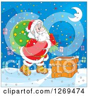 Poster, Art Print Of Cartoon Santa Carrying A Sack And Walking On A Roof On A Snowy Christmas Eve Night