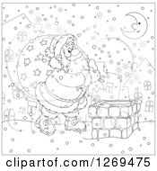 Poster, Art Print Of Black And White Santa Carrying A Sack And Walking On A Roof On A Snowy Christmas Eve Night