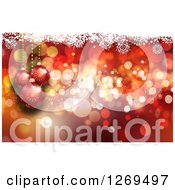 Poster, Art Print Of Red Christmas Background With 3d Suspended Baubles Over Bokeh With White Snowflakes