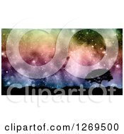 Poster, Art Print Of 3d Silhouetted Tree And Hills Against A Colorful Nebula Starry Sky