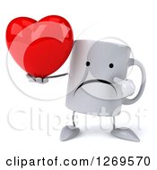 Clipart Of A 3d Unhappy Coffee Mug Holding And Pointing To A Red Heart Royalty Free Illustration