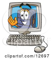 Suitcase Cartoon Character Waving From Inside A Computer Screen by Mascot Junction