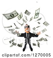 Clipart Of A 3d White Businessman Wearing Sunglasses Looking Up And Making It Rain Cash Money Royalty Free Illustration