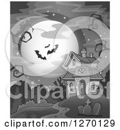 Poster, Art Print Of Grayscale Full Moon And Vampire Bats With Bare Tree Branches Over A Haunted House And Cemetery