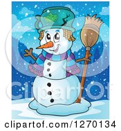 Poster, Art Print Of Happy Waving Snowman With A Broom And Broken Pot Hat At Dusk