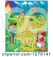 Clipart Of A Little Red Riding Hood And Wolf Maze Game Royalty Free Vector Illustration