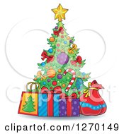 Poster, Art Print Of Cartoon Christmas Tree With Gift Bags A Sack And Present