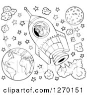 Poster, Art Print Of Black And White Happy Astronaut Flying In A Rocket With Stars And Planets