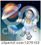 Poster, Art Print Of Happy Astronaut Doing A Space Walk Over Planets And A Ufo