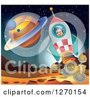 Poster, Art Print Of Clipart Of A  Happy Astronaut Flying In A Rocket Over A Foreign Planet Royalty Free Vector Illustration