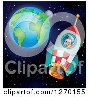 Poster, Art Print Of Happy Astronaut Flying In A Rocket With Earth And The Moon In The Distance