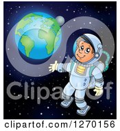 Clipart Of A Happy Astronaut Doing A Space Walk With Earth In The Distance Royalty Free Vector Illustration by visekart