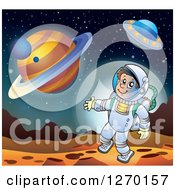Poster, Art Print Of Happy Astronaut Doing A Space Walk Over A Planet With A Ufo