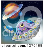 Clipart Of A Purple Alien Flying A Ufo In Outer Space Royalty Free Vector Illustration
