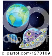 Clipart Of A Purple Alien Flying A Ufo With Earth And The Moon In The Distance Royalty Free Vector Illustration by visekart