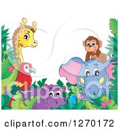 Poster, Art Print Of Happy Monkey Elephant Hippo Parrot And Giraffe With Jungle Foliage