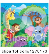 Poster, Art Print Of Happy Monkey Elephant Hippo Parrot Lion And Giraffe On A Sunny Day