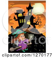 Poster, Art Print Of Happy Witch Girl Flying A Broomstick With A Cat By A Haunted House Over An Orange Sky With A Full Moon