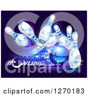 Poster, Art Print Of 3d Blue Ball Crashing Into White Pins With Sparkles Over Purple And Text