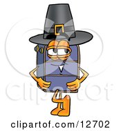 Suitcase Cartoon Character Wearing A Pilgrim Hat On Thanksgiving by Mascot Junction