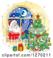 Poster, Art Print Of Santa Claus Looking In At A Christmas Tree Through A Window