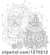 Poster, Art Print Of Black And White Christmas Santa Claus Looking In At A Tree Through A Window