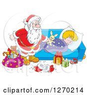 Christmas Santa Claus Leaving A Stuffed Rabbit On A Blond White Sleeping Boys Bed