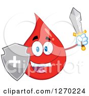 Poster, Art Print Of Happy Blood Or Hot Water Drop Holding Up A Sword And Shield