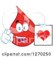 Poster, Art Print Of Clipart Of A  Happy Blood Or Hot Water Drop Pointing At You And Holding An Ecg Chart Royalty Free Vector Illustration