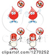 Blood Or Hot Water Drop And Pill Mascots Holding No Ebola Virus Biohazard Signs