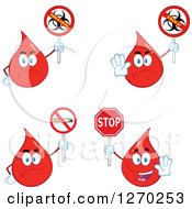 Blood Or Hot Water Drop Mascots Holding Stop No Smoking And Ebola Virus Biohazard Signs