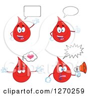 Clipart Of Blood Or Hot Water Drop Mascots Talking And Announcing Royalty Free Vector Illustration