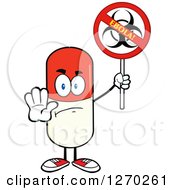 Clipart Of A Mad Pill Character Gesturing Stop Holding A No Ebola Virus Biohazard Sign Royalty Free Vector Illustration