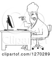Clipart Of A Black And White Angry Business Woman Yelling At Her Computer Desk Royalty Free Vector Illustration