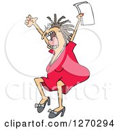 Mad White Business Woman Jumping And Screaming With Documents In Hand