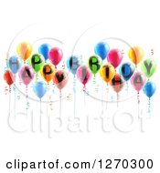 Poster, Art Print Of Group Of 3d Colorful Party Balloons And Ribbons With Happy Birthday Text