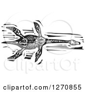 Clipart Of A Black And White Woodcut Pliosaur Skeleton Royalty Free Vector Illustration