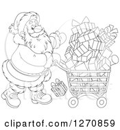 Poster, Art Print Of Black And White Christmas Santa Claus Pushing A Shopping Cart Full Of Gifts