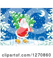 Poster, Art Print Of Christmas Santa Claus Carrying A Tree On A Snowy Night