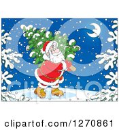 Poster, Art Print Of Christmas Santa Carrying A Tree On A Snowy Night