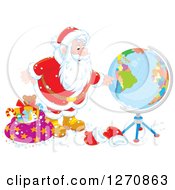 Clipart Of A Christmas Santa Claus Looking At A Globe Royalty Free Vector Illustration