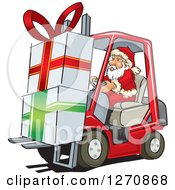Santa Claus Moving Big Christmas Gifts On A Forklift