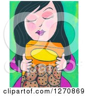Canvas Painting Of A Black Haired Woman Hugging A Box Of Cookies