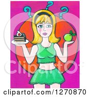 Canvas Painting Of A Blond Caucasian Woman Deciding On A Cake Or Apple