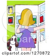 Poster, Art Print Of Canvas Painting Of A Rear View Of A Blond Caucasian Woman And Dog Staring Into The Fridge