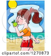 Poster, Art Print Of Canvas Painting Of A Brunette Caucasian Woman Walking And Eating An Apple On A Beach