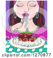 Clipart Of A Canvas Painting Of A Brunette Caucasian Woman Eating Spaghetti Royalty Free Illustration by Maria Bell
