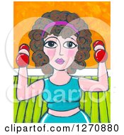 Canvas Painting Of A Curly Haired Brunette Caucasian Woman Working Out With Dumbbells