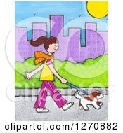 Canvas Painting Of A Brunette Caucasian Woman Walking Her Dog In A City